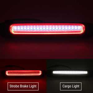 LED light bar showing strobe brake light and cargo light modes on a dark background.