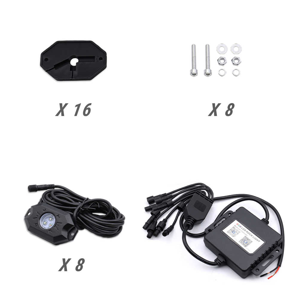 A set of black electronic mounting hardware and wiring components shown on a white background, with quantity labels 'X 16', 'X 8', and 'X 8' beneath each item. The set includes a black mounting plate, silver bolts and washers, a black cable-wrapped module, and a black rectangular control/power unit with attached wires.
