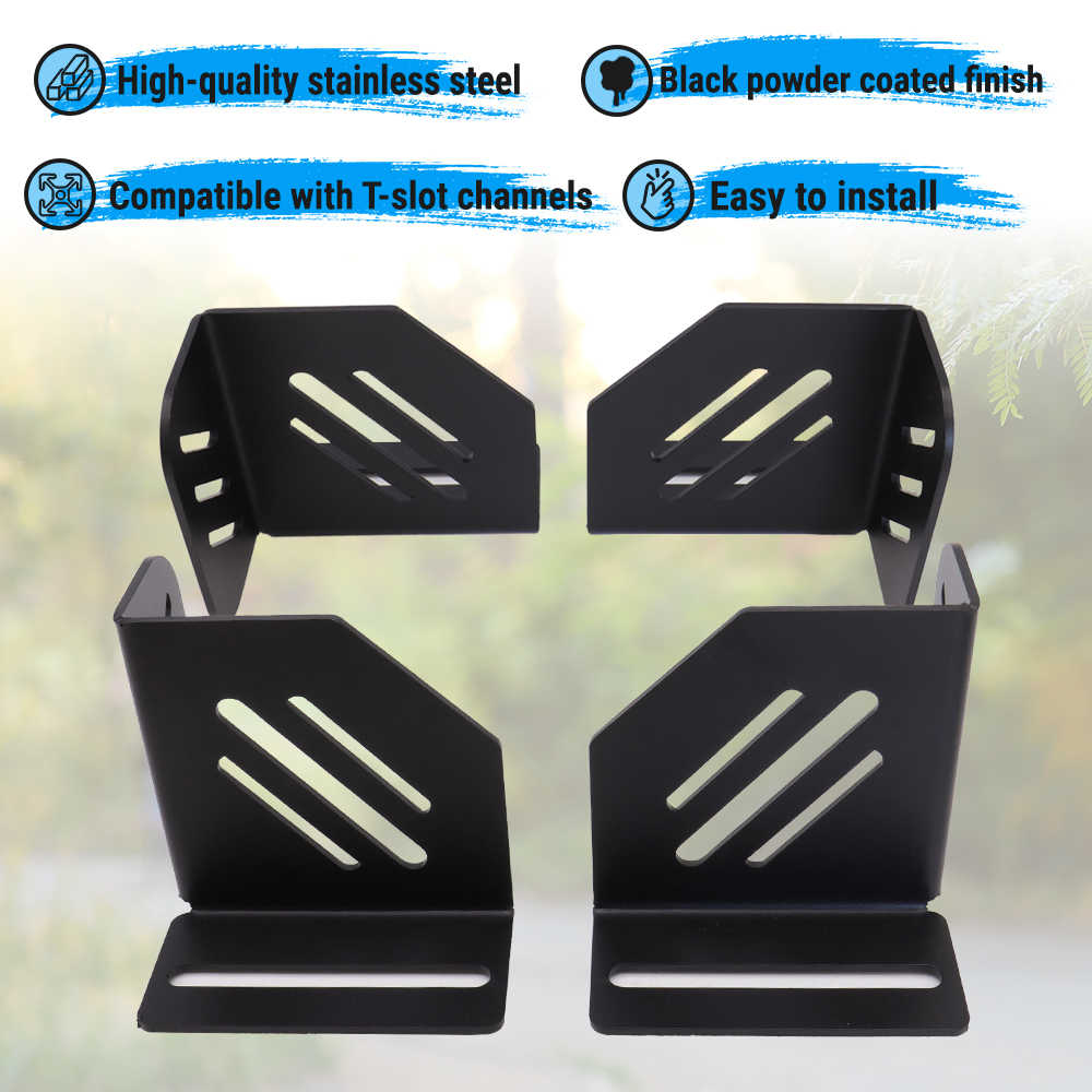 Four black metal brackets on a light background with text about material and compatibility.
