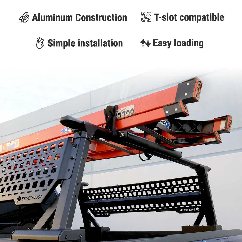 Rack with side panels and ladder rack structure on a white background, featuring text about construction and compatibility.