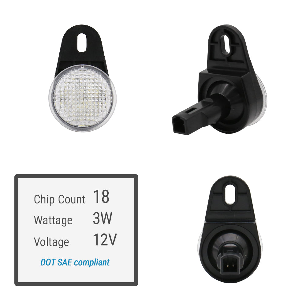 Three views of a black 12V LED tail light with a clear lens, shown alongside a technical specification card detailing chip count, wattage, and compliance.