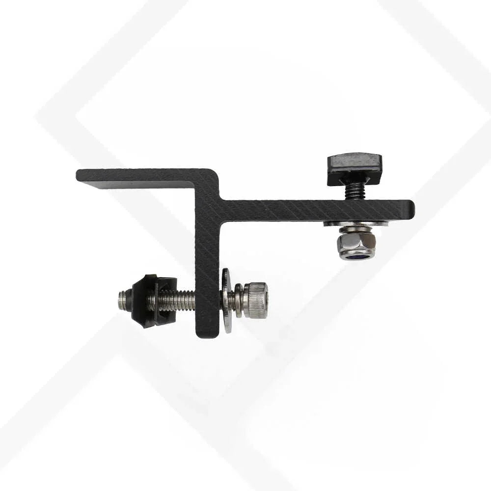 A black metal L-shaped mounting bracket with silver hardware, including a wing nut and adjustment screws, shown on a white background with a faint gray geometric watermark.