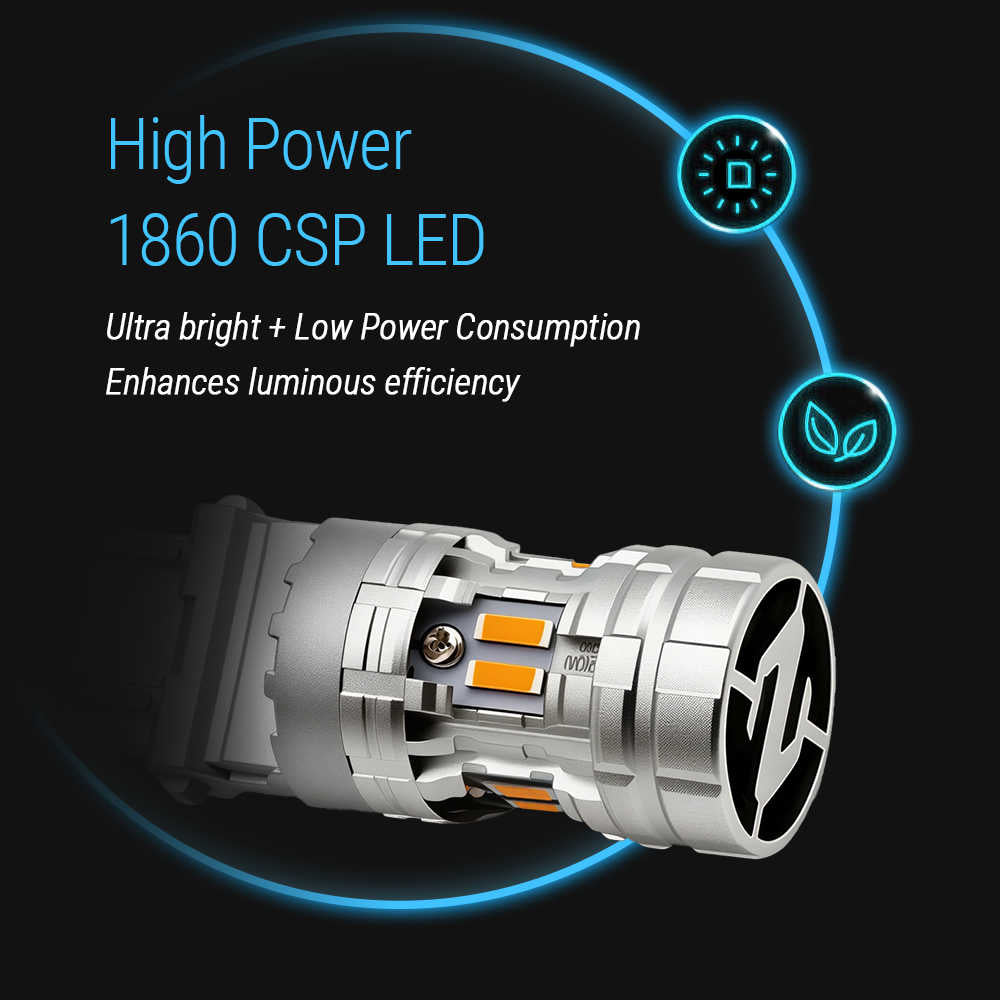 A high-power automotive LED light bulb shown on a black background with promotional text reading 'High Power 1860 CSP LED' and glowing blue graphic icons highlighting brightness and efficiency.