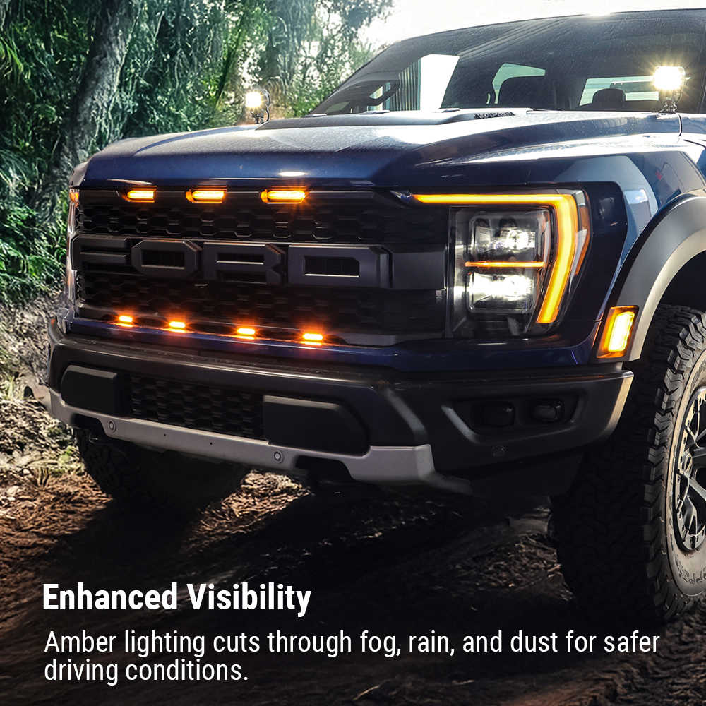 Blue truck with amber headlights in a forest setting