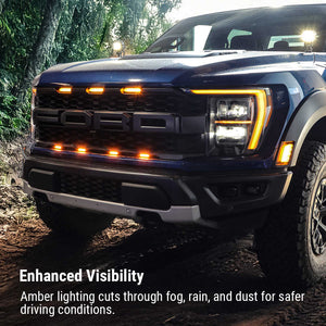 Blue truck with amber headlights in a forest setting