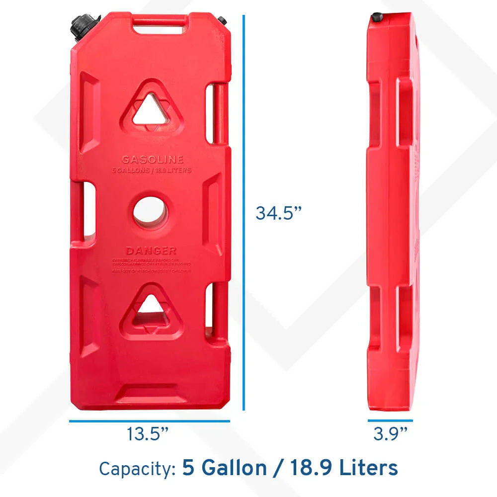 5 gallon Red gasoline container with dimensions and capacity details on a white background