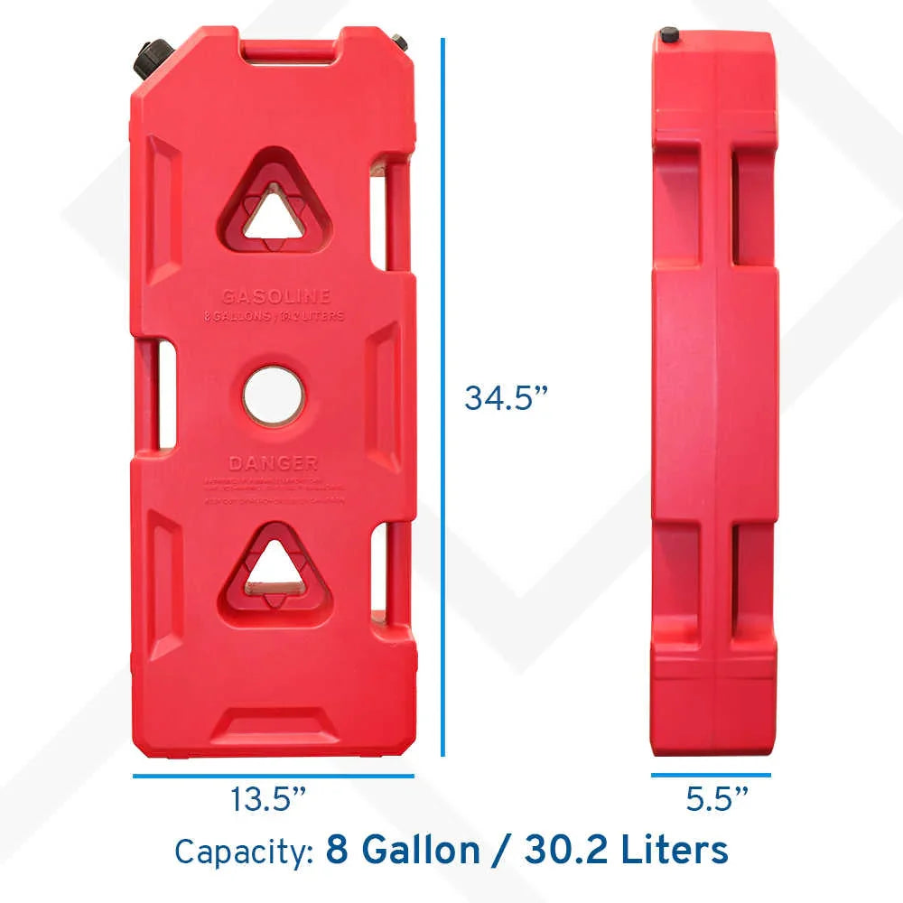 8 gallon Red portable fuel container with dimensions and capacity details on a white background