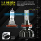 Comparison of halogen bulb and LED bulb with measurements and socket H11 details on a black background.