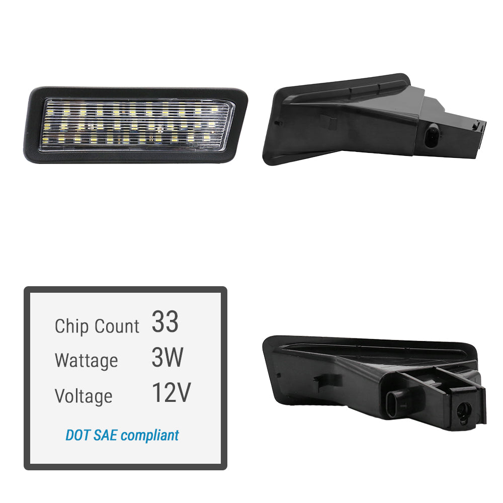 A 12V 3W LED license plate light shown from multiple angles, featuring a black rectangular face with 33 LED chips and a black plastic mounting bracket. A white specification box on the left lists chip count, wattage, voltage, and DOT SAE compliance.