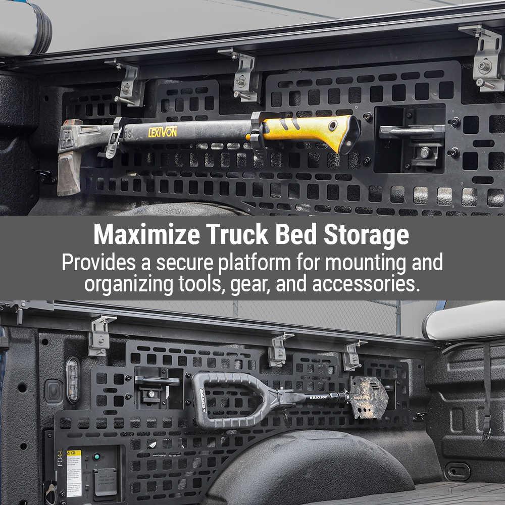 Truck bed storage system with tools and text overlay on a gray background