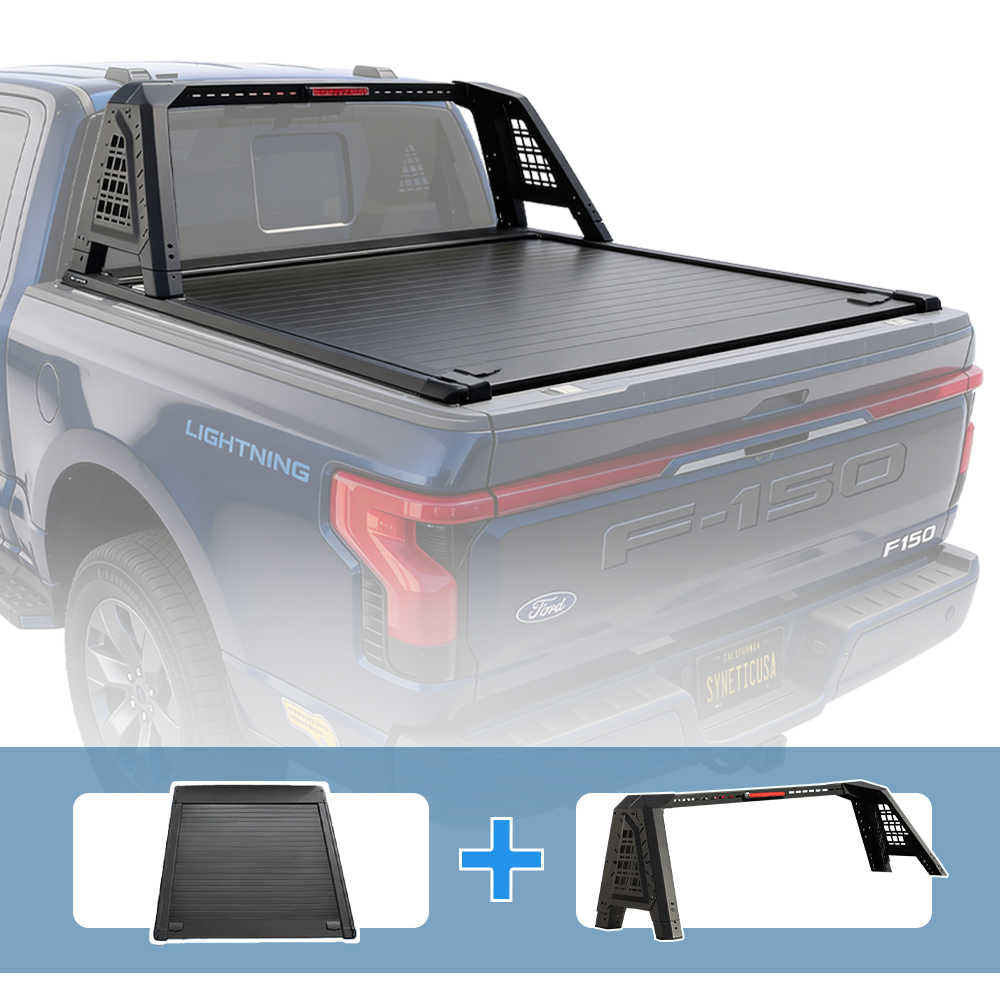 Ford F-150 truck bed with PRO series tonneau cover and R9 roll bar on a white background