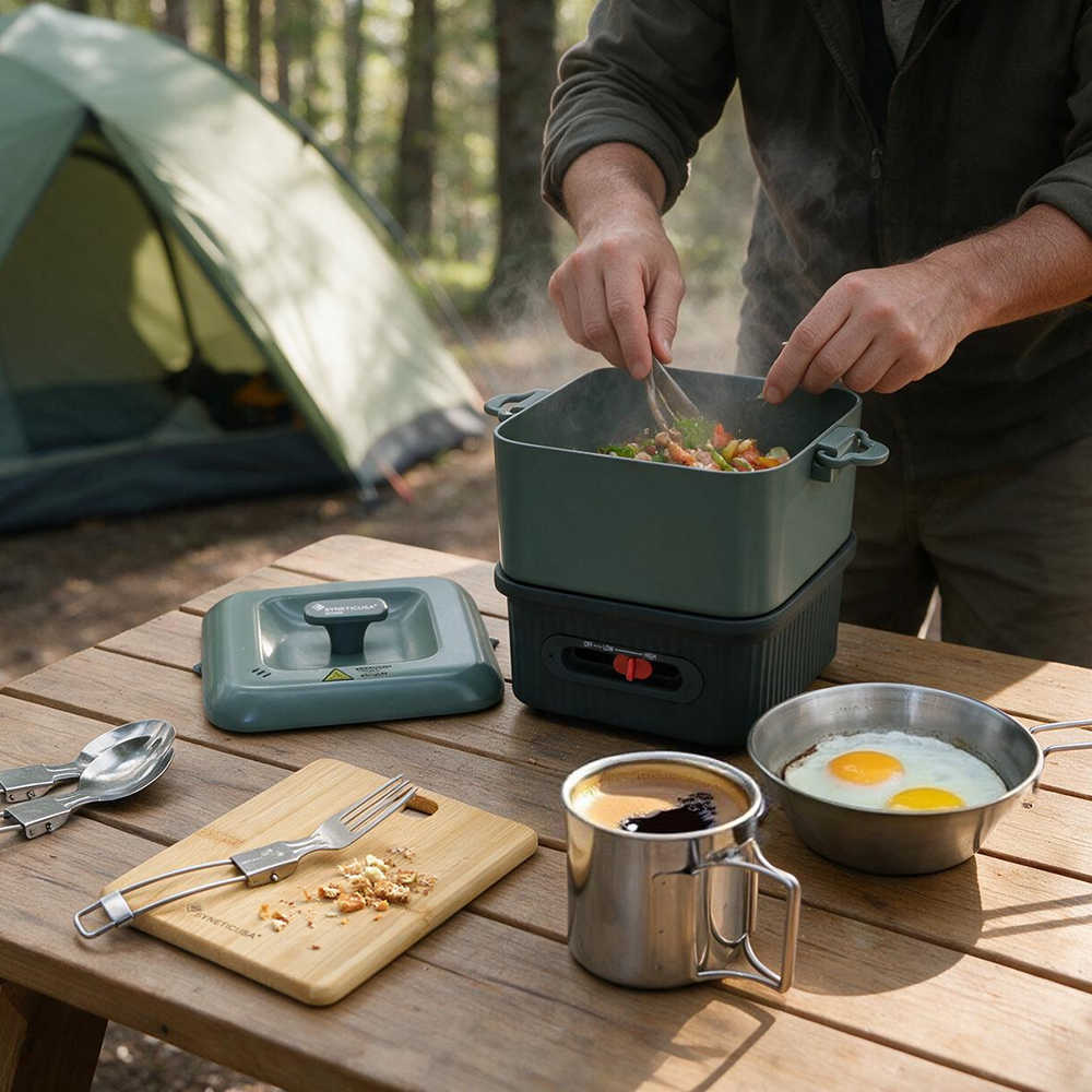 A man cooks food in a dark green camping stove set on a wooden table outdoors, with a tent in the background. The table also holds a metal mug, a bowl of eggs, utensils, and a small cutting board.