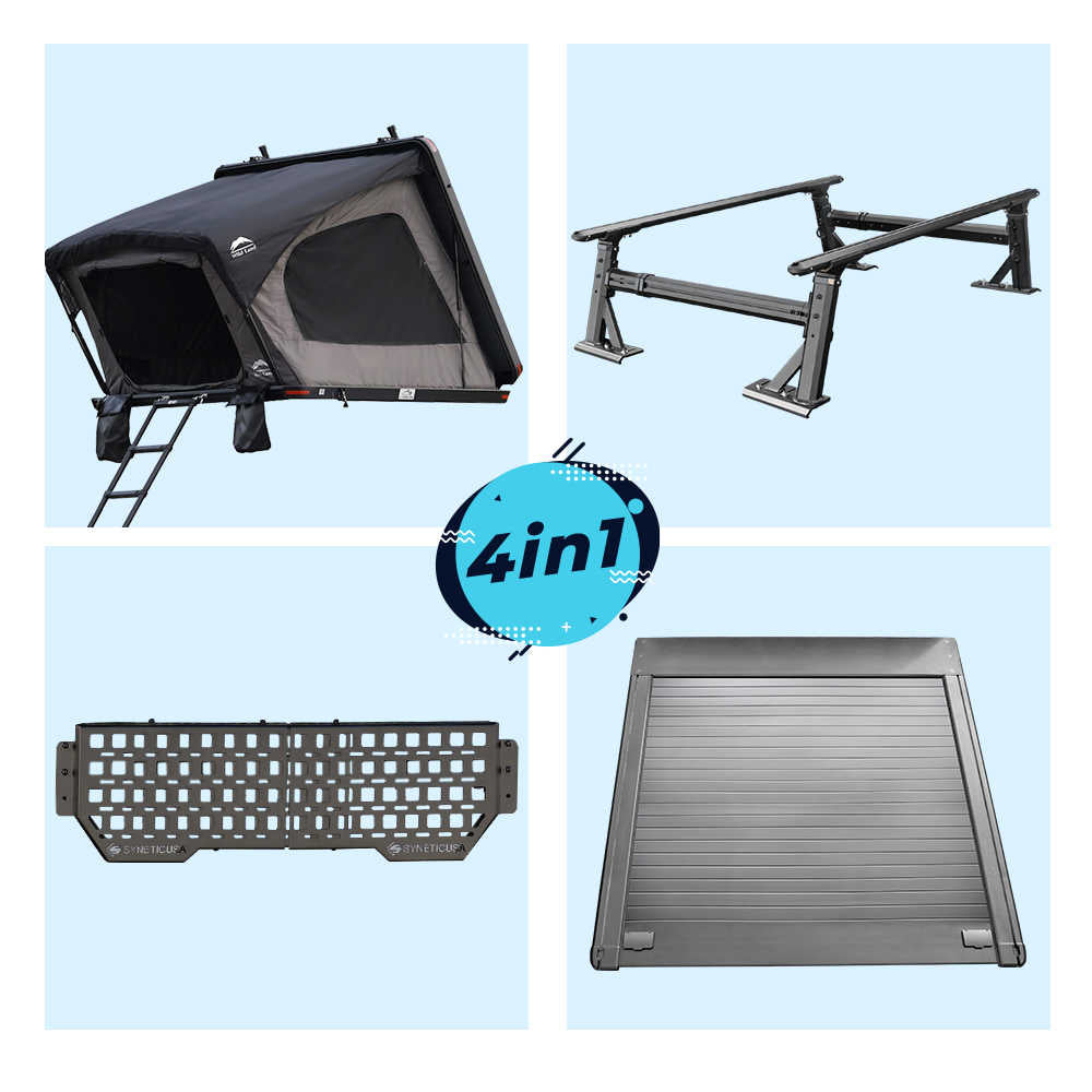 collection of four roof rack components with a '4in1' on a light blue background.