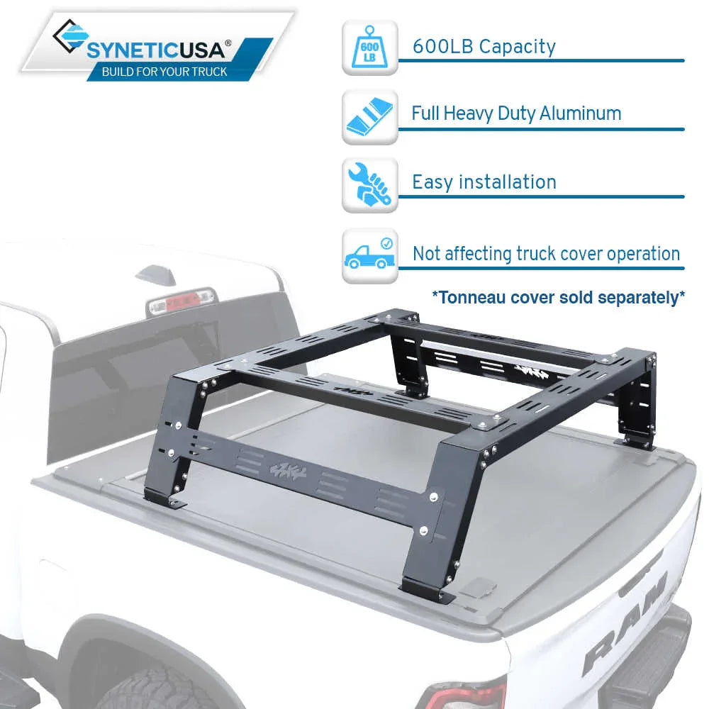 SYNETICUSA truck bed rack on a white truck with features listed.