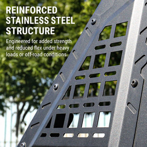Reinforced stainless steel structure with text highlighting its strength and durability.