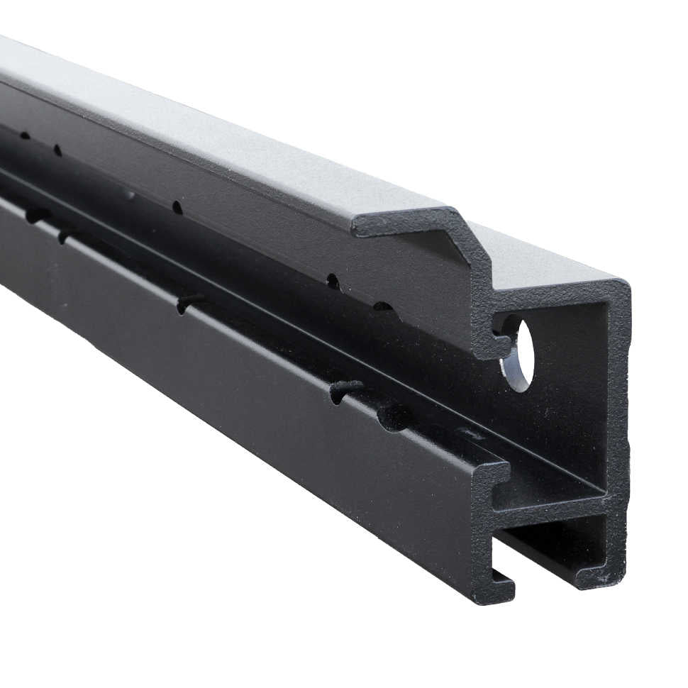 A close-up of a black metal linear guide rail with a silver top plate, showing its profile and mounting holes against a white background.