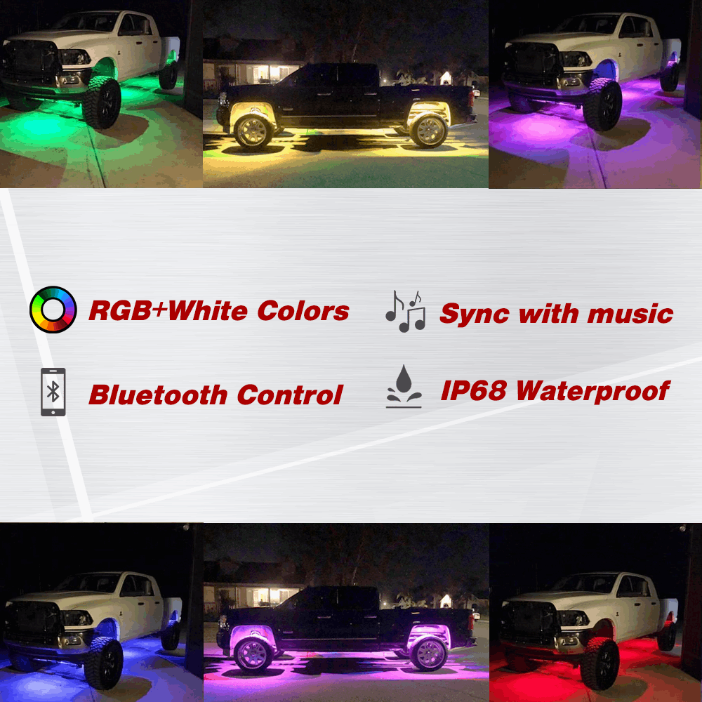 6 Pcs LED Rock Light Kit Underglow RGB+White Bluetooth Control