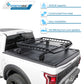 Black truck bed rack on a white truck with SyneticUSA branding and product features listed.