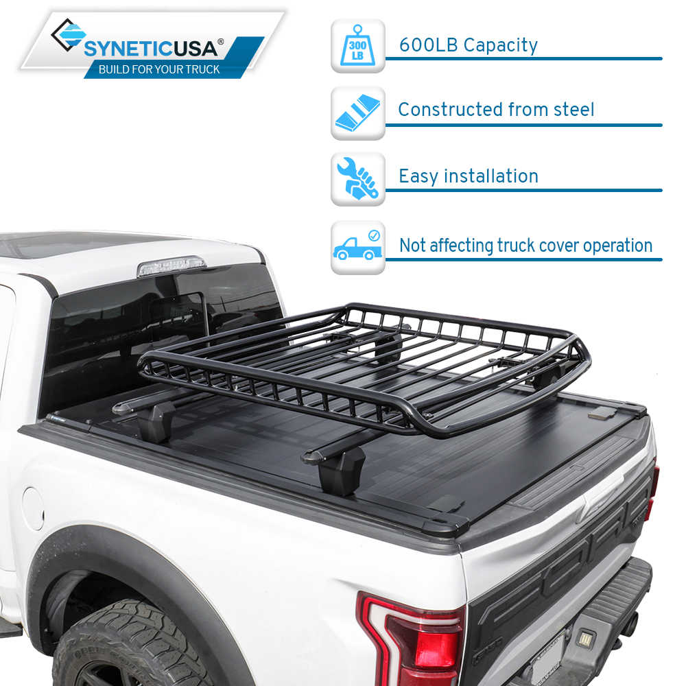 Black truck bed rack on a white truck with SyneticUSA branding and product features listed.