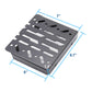 Black metal mounting bracket with blue dimension lines and text showing measurements of 7 inches, 8.7 inches, 6 inches, and 1.