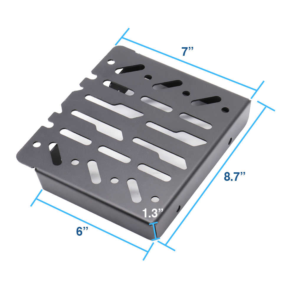 Black metal mounting bracket with blue dimension lines and text showing measurements of 7 inches, 8.7 inches, 6 inches, and 1.