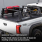 Black metal truck bed rack system mounted on the bed of a white pickup truck, shown with red storage containers and a yellow-handled tool. The image includes a text overlay explaining the increase in transport capacity.