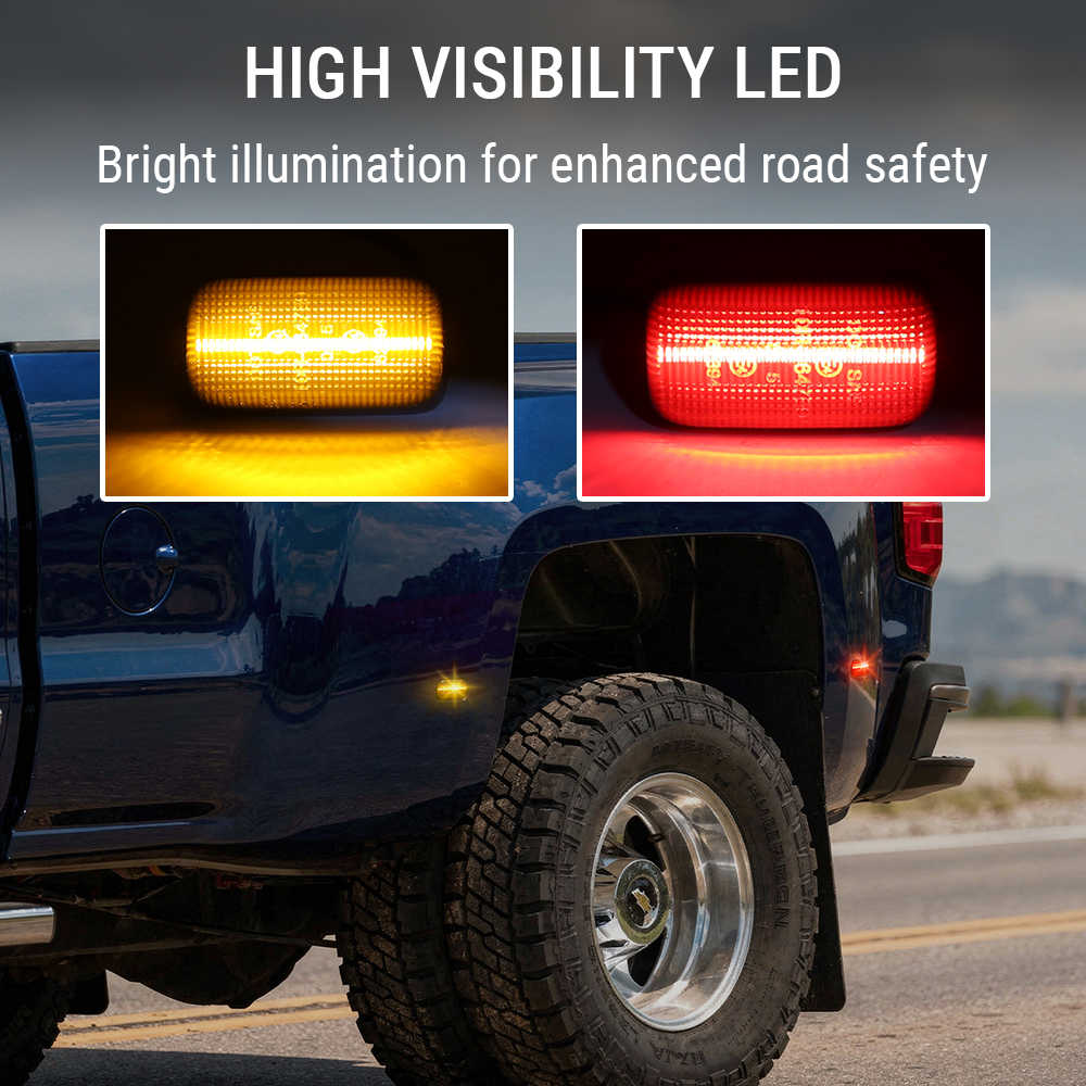 Truck fender light with high visibility LED lights on the back, showing yellow and red lights.