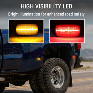 Truck fender light with high visibility LED lights on the back, showing yellow and red lights.