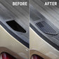 A side-by-side before and after comparison showing a black rubber lip protector or trim piece applied to the rear side of a beige vehicle. The left 'BEFORE' side shows the bare surface with a dark recessed slot.