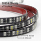LED strip with 2835 LED chips and a close-up of red and white LEDs on a white background.