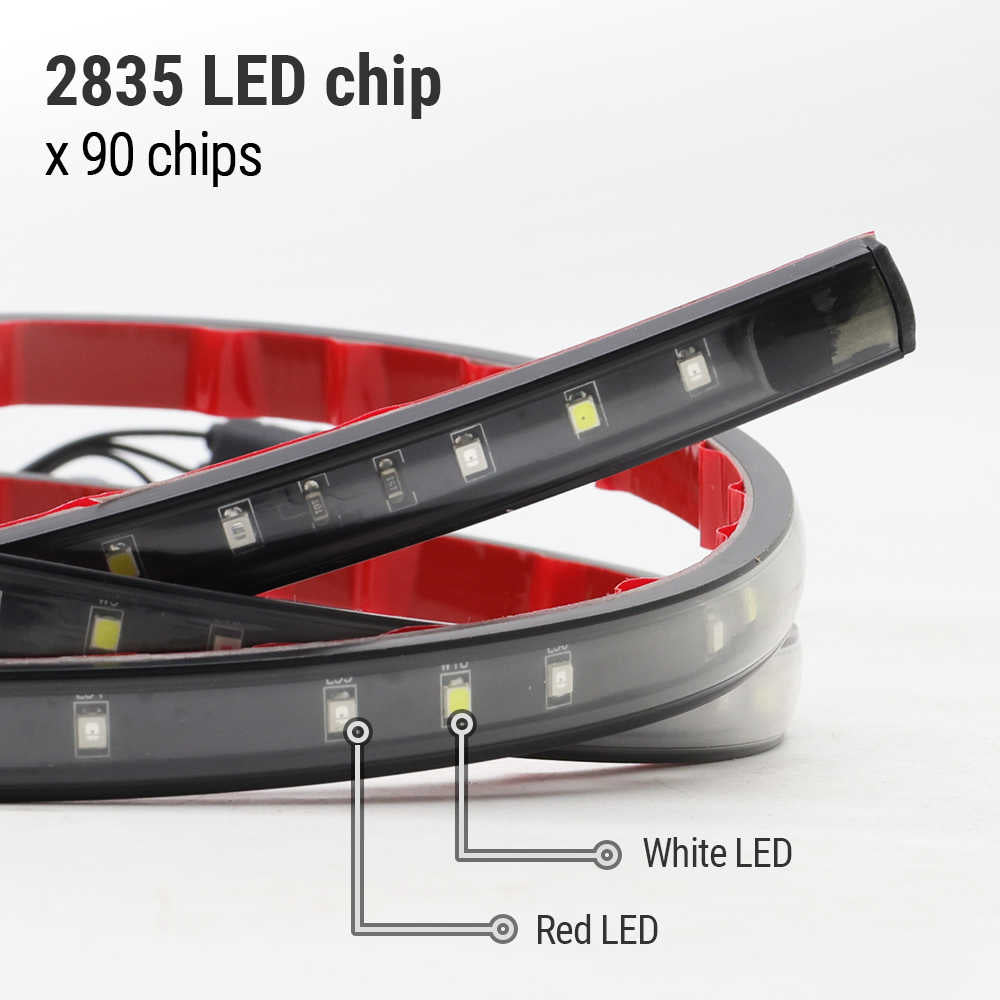 LED strip with 2835 LED chips, showing white and red LEDs on a white background.