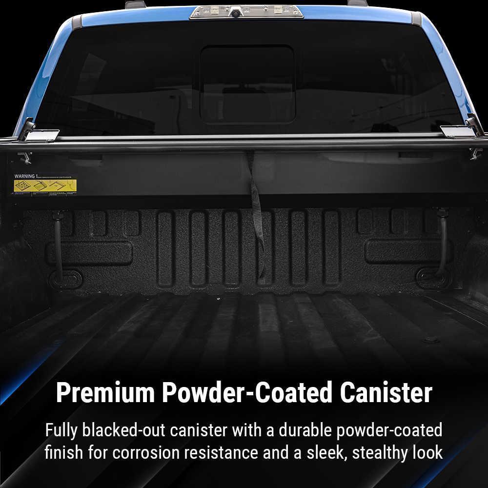 Back of a truck with a premium powder-coated canister, showcasing durability and design.