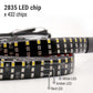 LED strip with 2835 LED chips and color differentiation on a white background