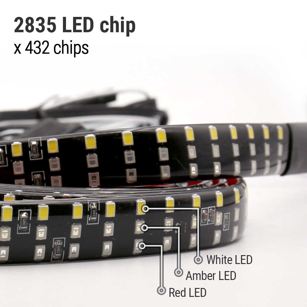 LED strip with 2835 LED chips and color differentiation on a white background