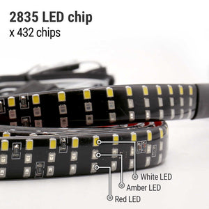 LED strip with 2835 LED chips and color differentiation on a white background