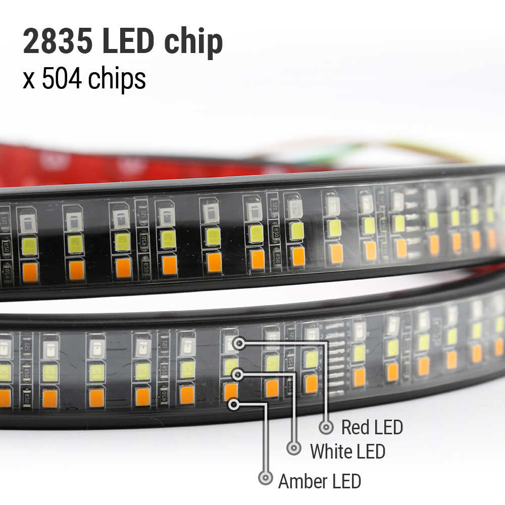 LED strip with 2835 LED chips and color identification labels on a white background