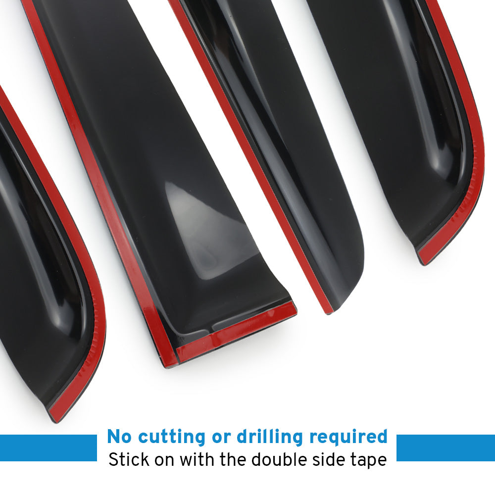 Black car rain guards with red interior on a white background