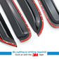 Black car window deflectors with red edges on a white background, featuring 3M tape.