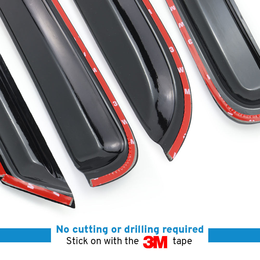Black car window deflectors with red edges on a white background, featuring 3M tape.