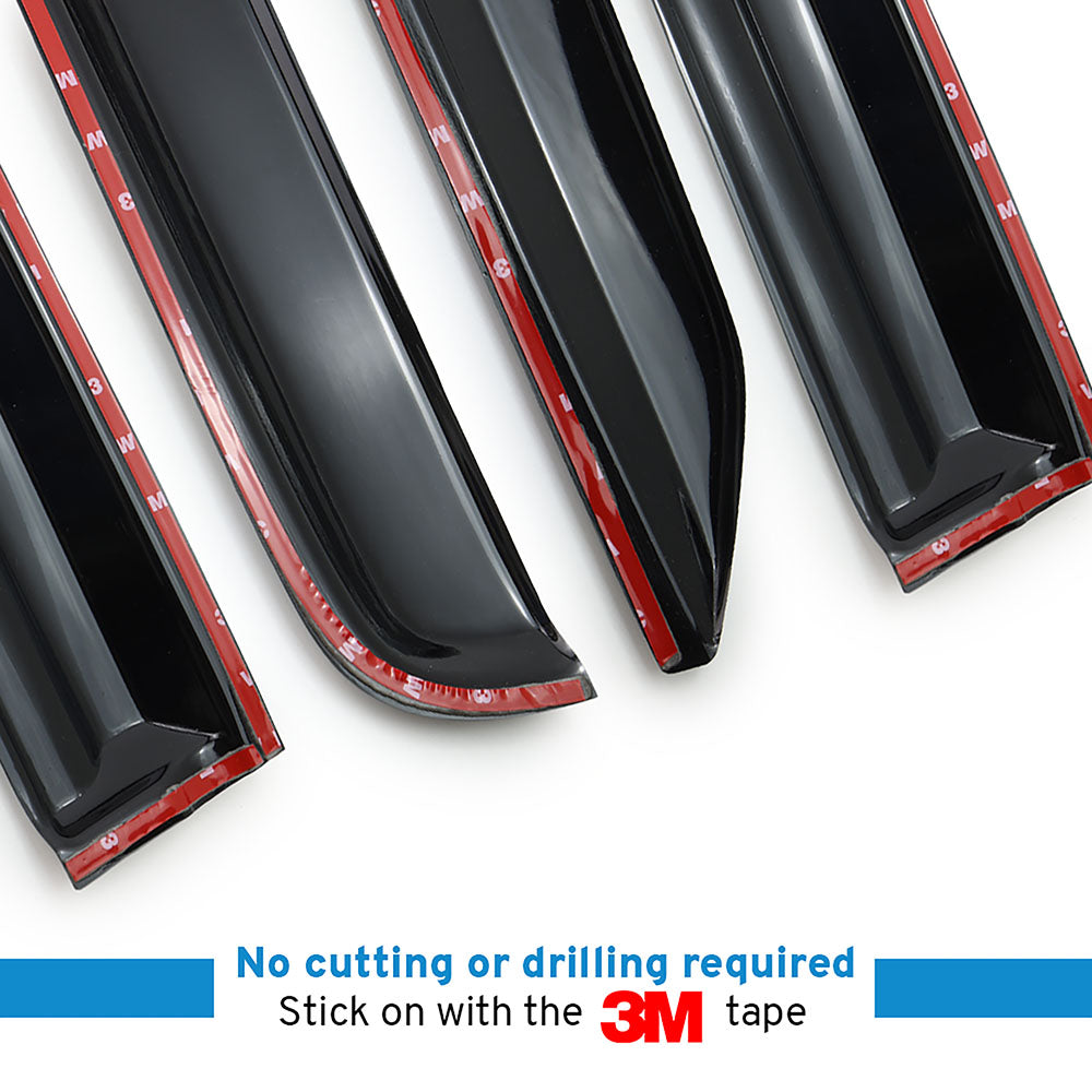 Car window deflectors with red edges on a white background, featuring 3M tape.
