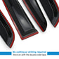 Black car window sills with red interior on a white background, featuring text about installation.