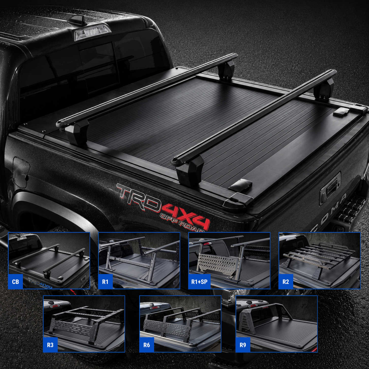 Black truck bed tonneau cover with different rack systems on a dark background