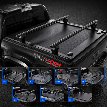 Black truck bed tonneau cover with different rack systems on a dark background