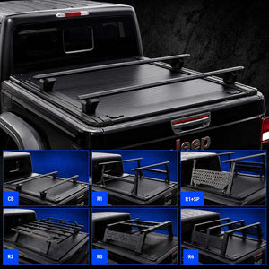 Black metal roof cargo carrier rack mounted on the bed of a black Jeep pickup truck, shown from the rear. The main image shows the rack installed, while nine smaller inset diagrams at the bottom label different attachment configurations (CB, R1, R1+SP, R2, R3, R6, R9) against a dark asphalt background.