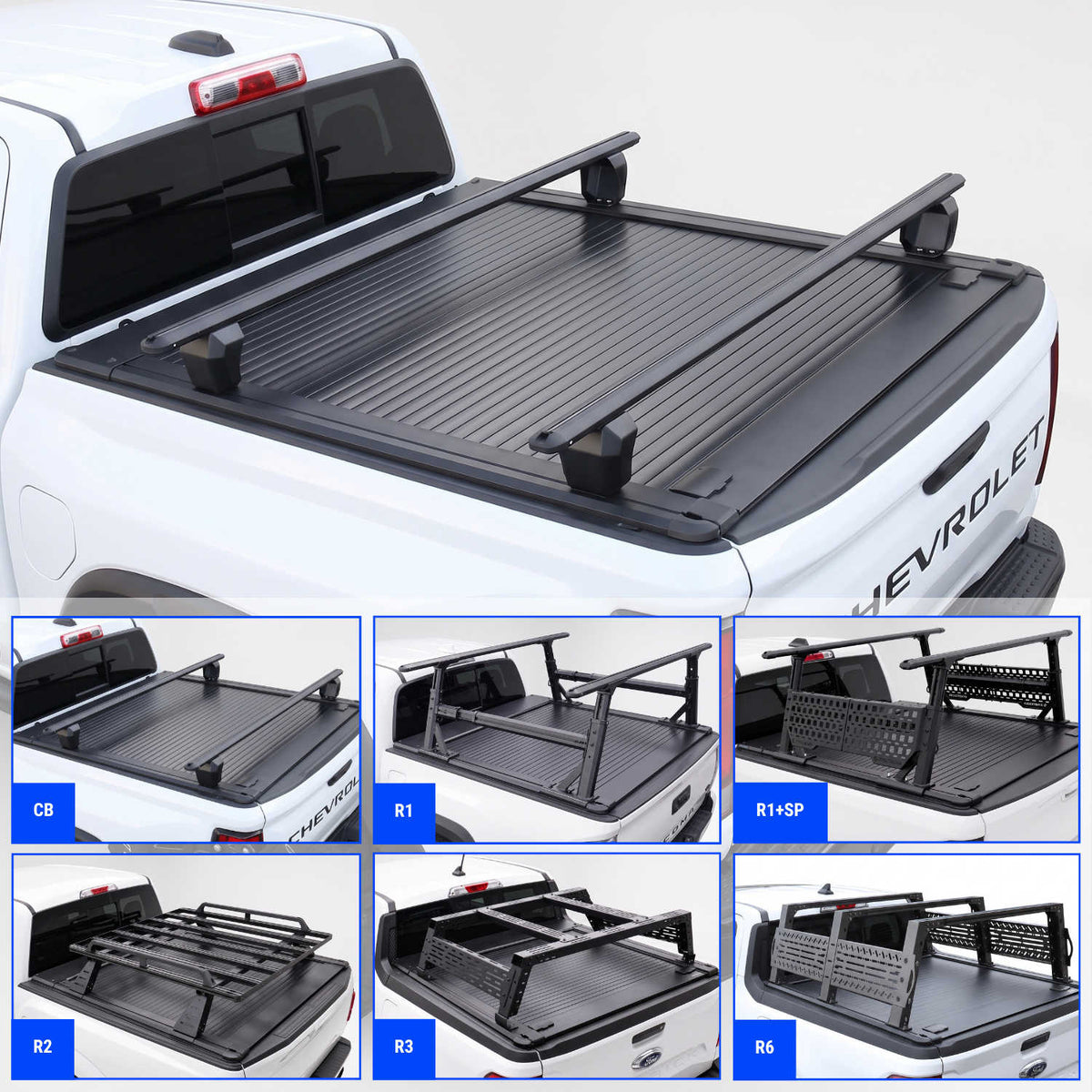 Black truck bed cover with crossbars shown installed on the bed of a white Colorado truck, plus six smaller inset views showing different mounting configurations labeled CB, R1, R1+SP, E2, R3, and N6.