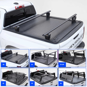 Black truck bed cover with crossbars shown installed on the bed of a white Colorado truck, plus six smaller inset views showing different mounting configurations labeled CB, R1, R1+SP, E2, R3, and N6.