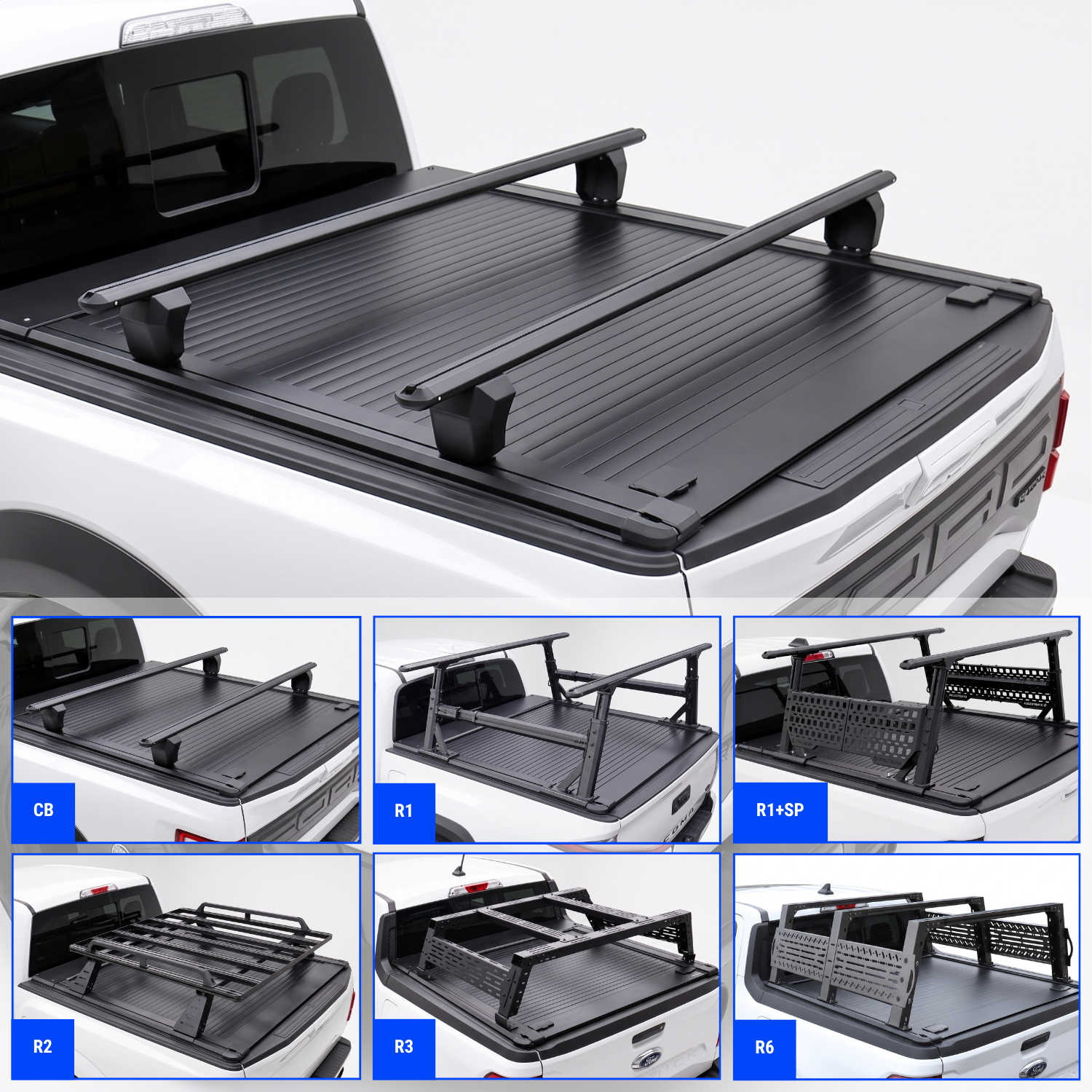 Black truck bed cover with crossbars shown installed on a white F-150 Raptor truck, plus six smaller inset views showing different rack configurations labeled CB, R1, R1+SP, R2, R3, and R6.