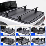 Black truck bed cover with crossbars shown installed on a white F-150 Raptor truck, plus six smaller inset views showing different rack configurations labeled CB, R1, R1+SP, R2, R3, and R6.