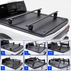 Black truck bed cover with crossbars shown installed on a white F-150 Raptor truck, plus six smaller inset views showing different rack configurations labeled CB, R1, R1+SP, R2, R3, and R6.