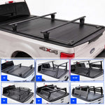 Black truck bed cover and rack system shown installed on a white F-250 Super Duty truck, with a main large view and six smaller inset views labeled CB, R1, R1+SP, R2, R3, and R6.